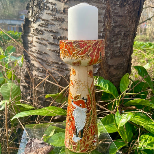 Fox in autumn~ One of a kind wooden candleholder