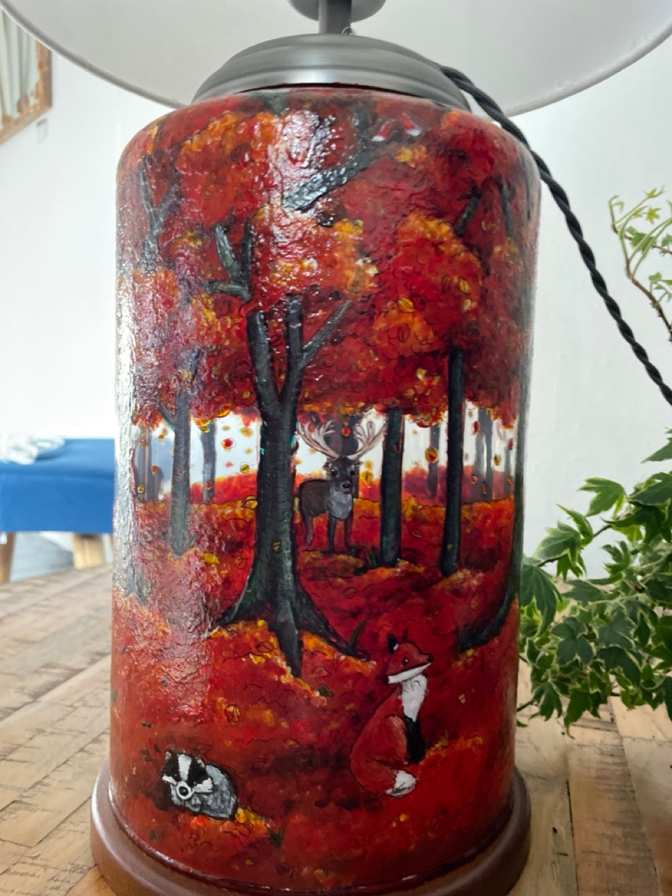Autumn Wood~One of a kind hand painted glass table lamp