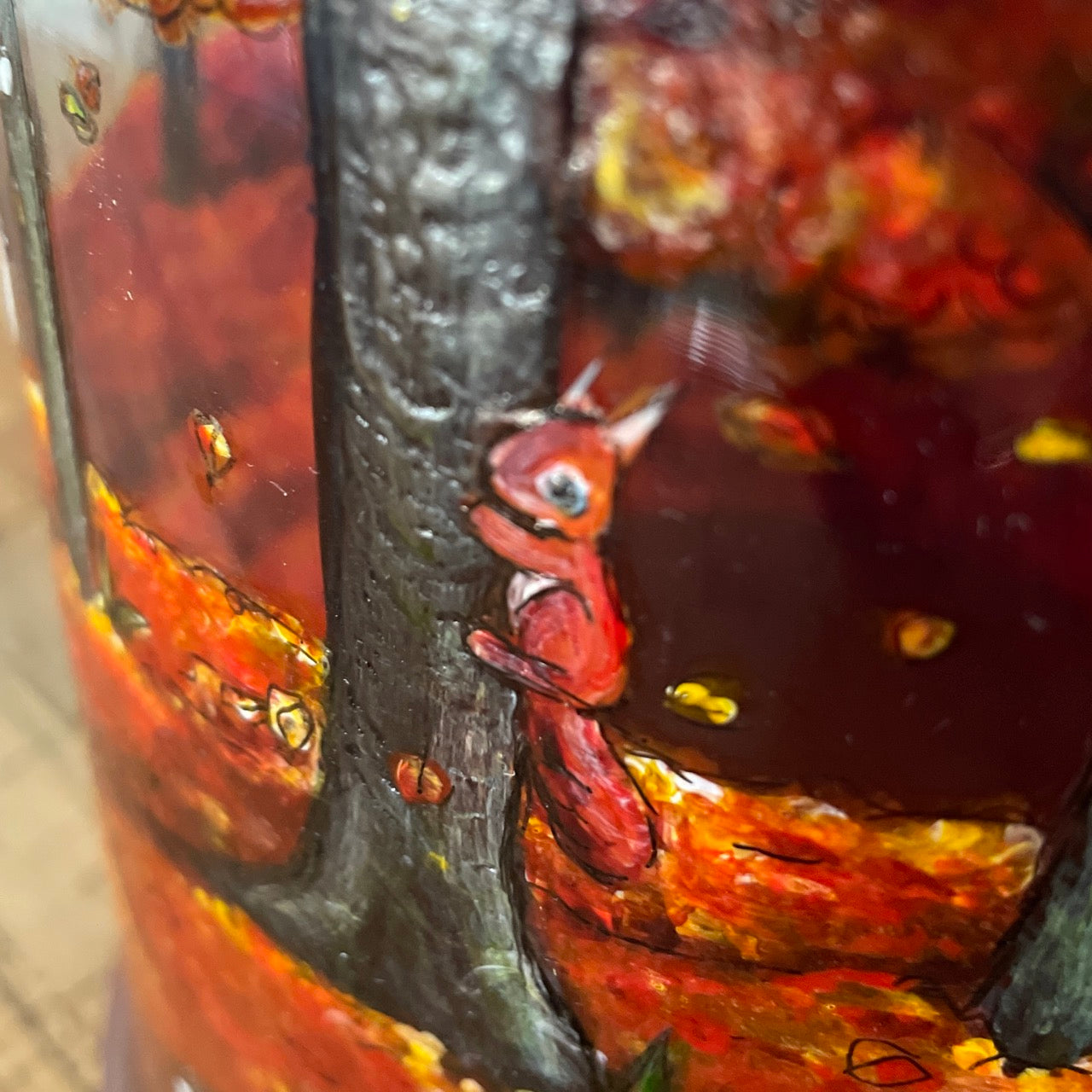 Autumn Wood~One of a kind hand painted glass table lamp