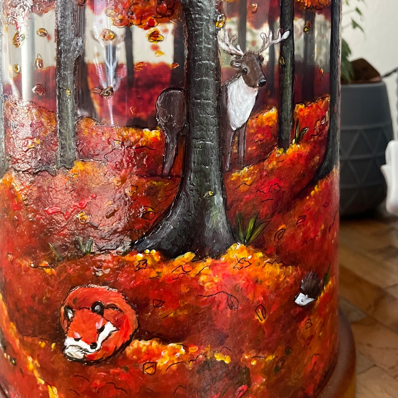Autumn Wood~One of a kind hand painted glass table lamp