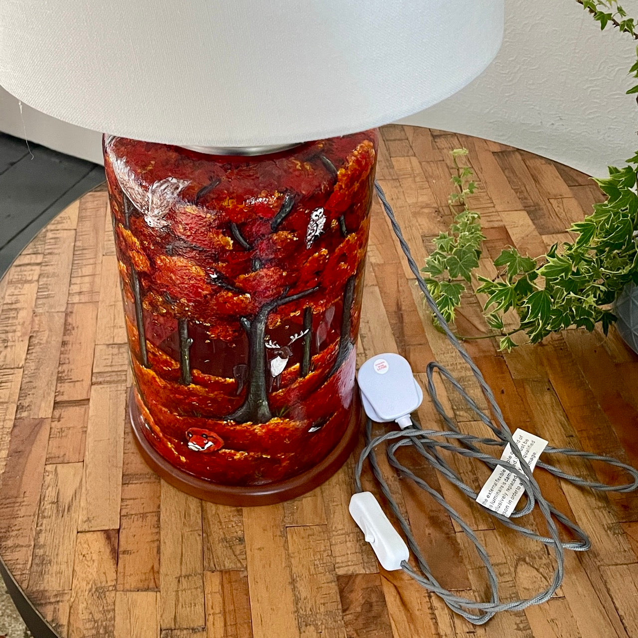 Autumn Wood~One of a kind hand painted glass table lamp