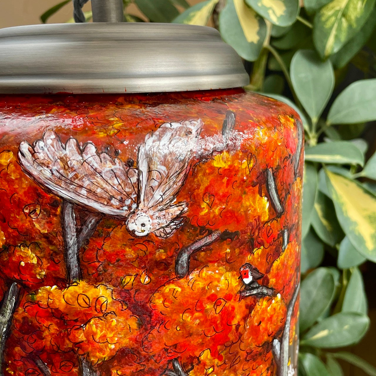 Autumn Wood~One of a kind hand painted glass table lamp