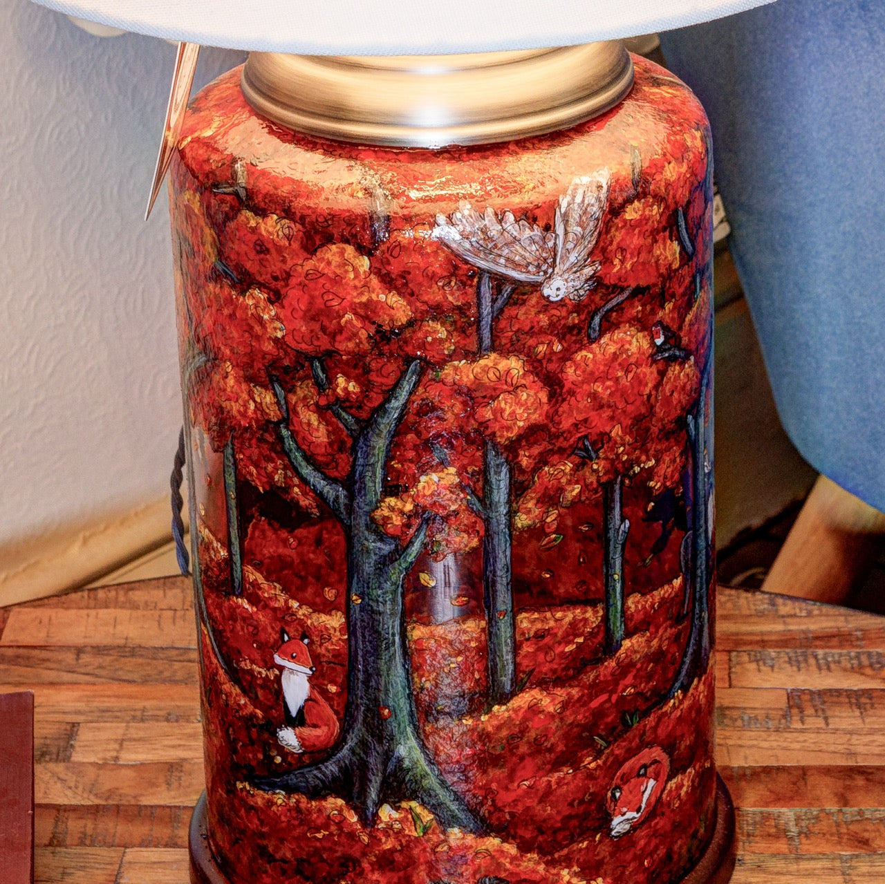 Autumn Wood~One of a kind hand painted glass table lamp