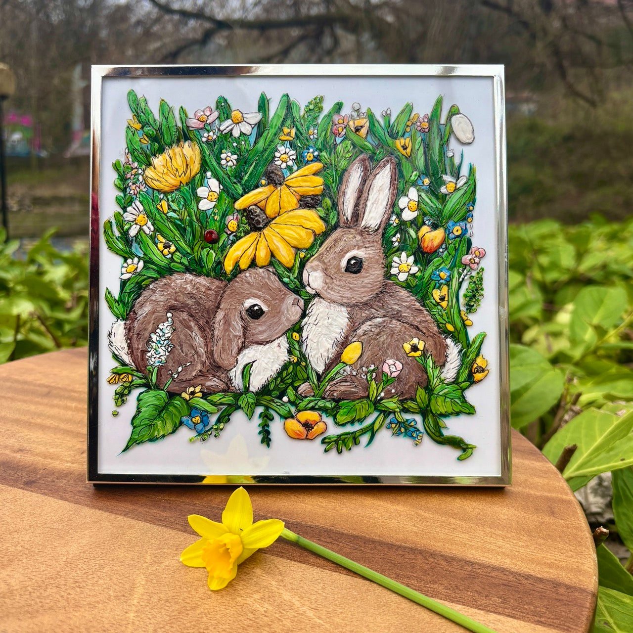 Bunny Life~ Mini Original one of a kind Glass Painting