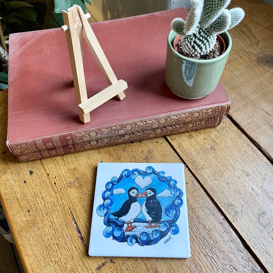 Puffin love~ Ceramic coaster & Easel