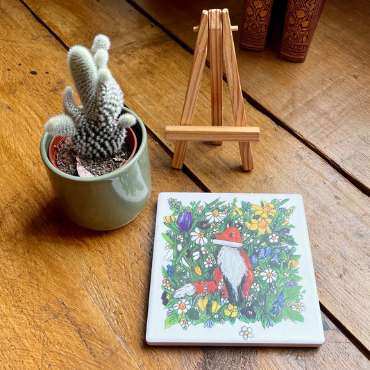 Fox in spring~ Ceramic coaster with Easel