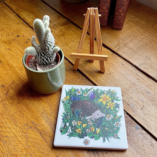 Hedgehog in spring~ Ceramic coaster & Easel