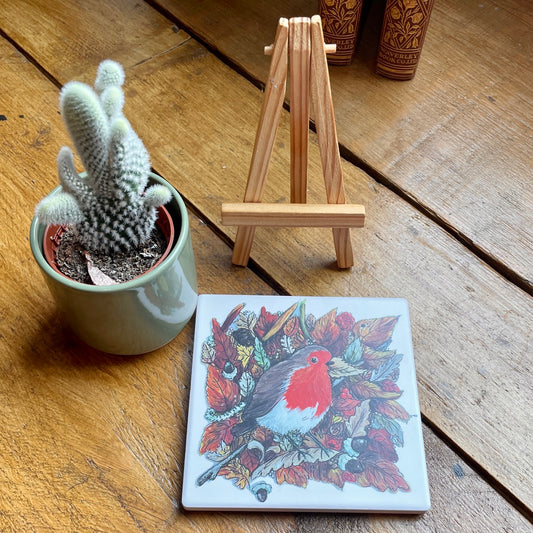 Robin in autumn~ Ceramic coaster & Easel