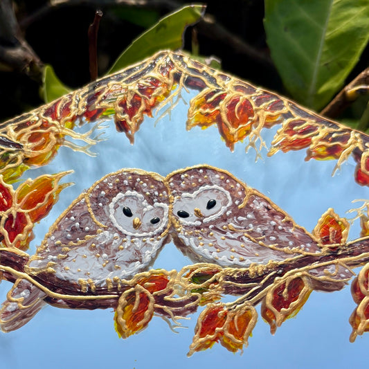 Cozy Owls~ One of a kind small hexagon mirror