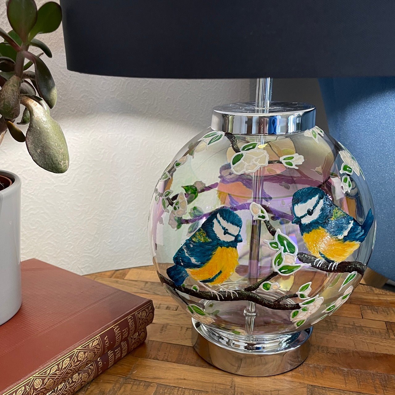 Blue Tits~ One of a kind hand painted glass table lamp