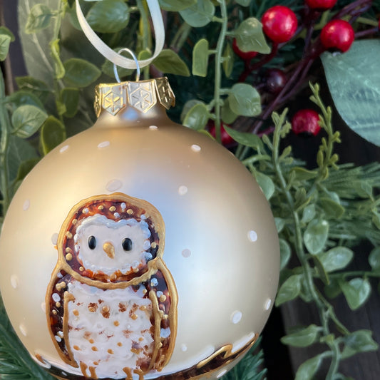 Owl in snow~ Matt large glass bauble