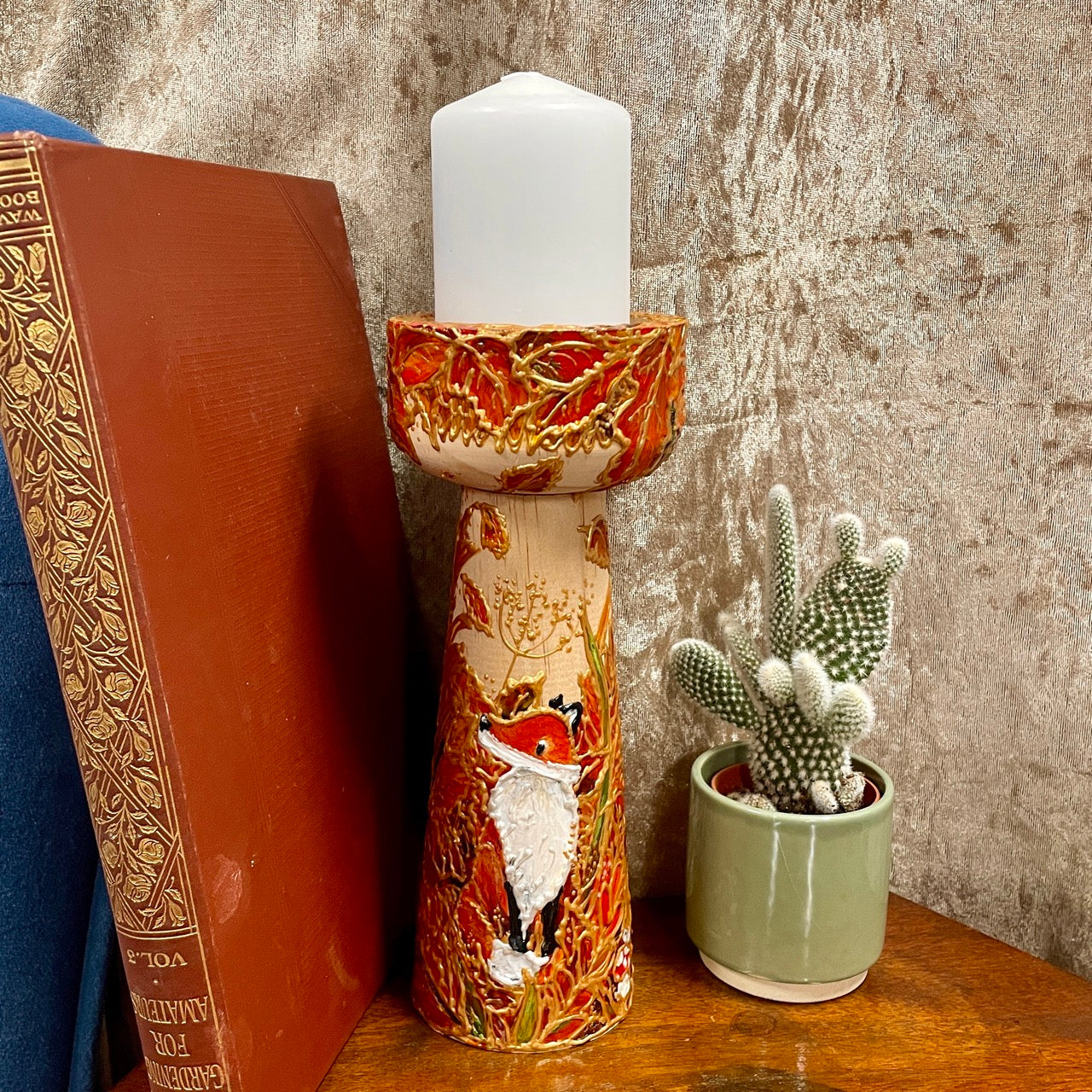 Fox in autumn~ One of a kind wooden candleholder