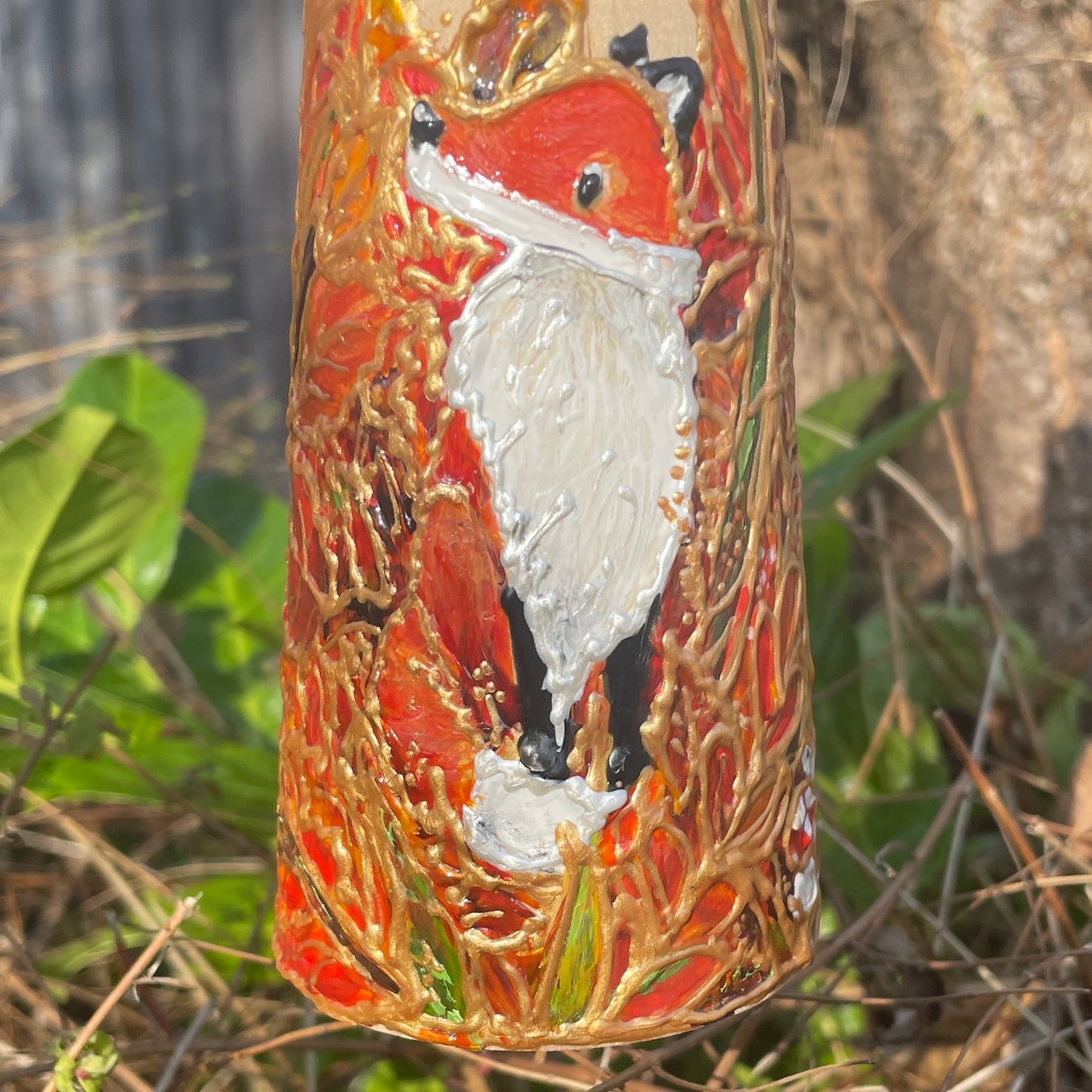 Fox in autumn~ One of a kind wooden candleholder