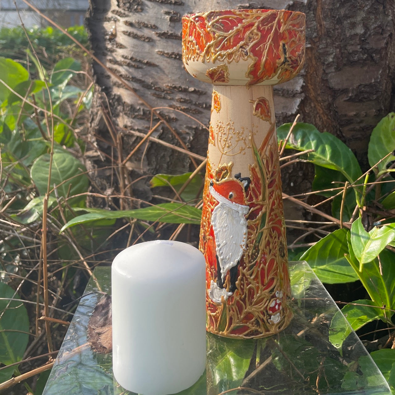 Fox in autumn~ One of a kind wooden candleholder