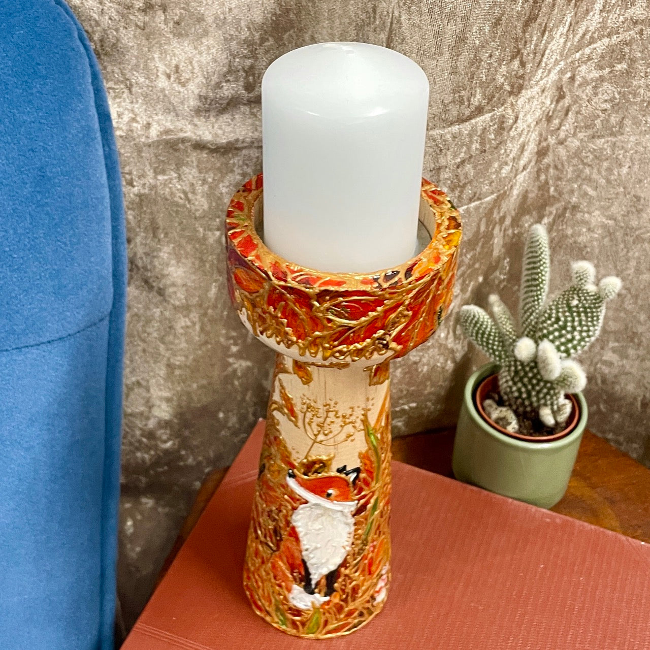 Fox in autumn~ One of a kind wooden candleholder