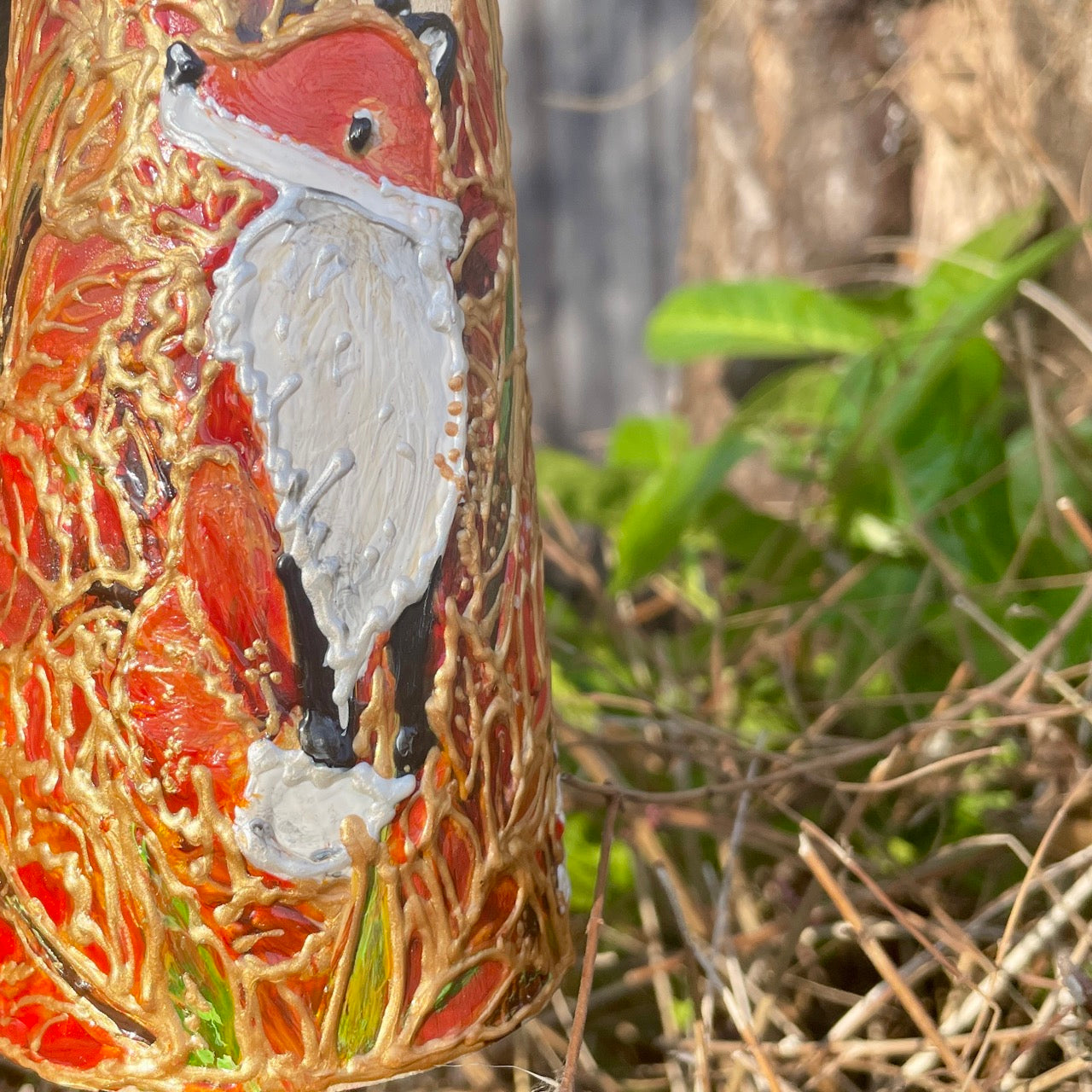 Fox in autumn~ One of a kind wooden candleholder