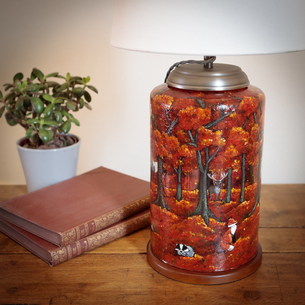 Autumn Wood~One of a kind hand painted glass table lamp