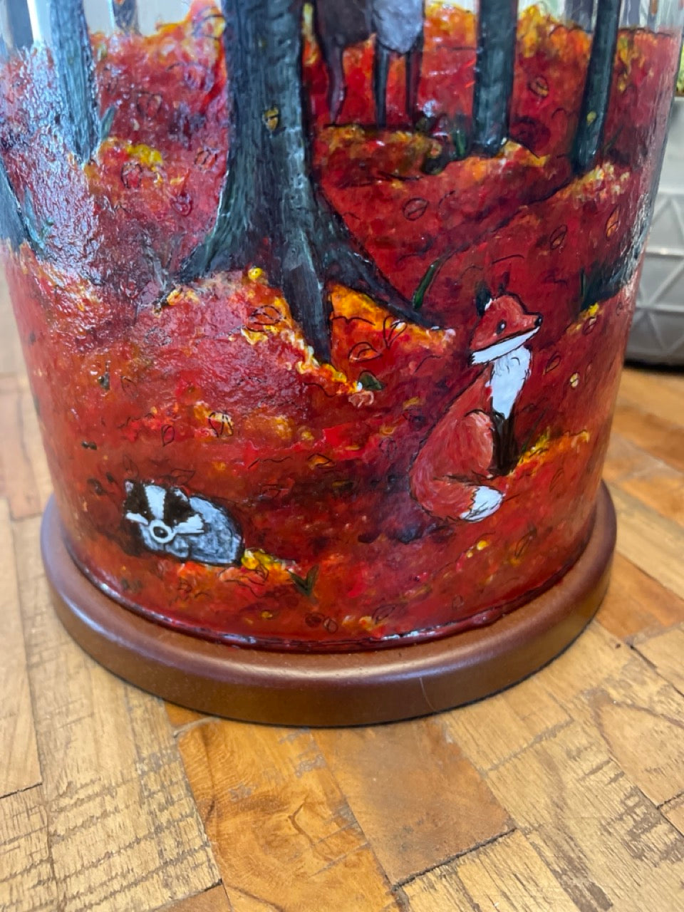 Autumn Wood~One of a kind hand painted glass table lamp