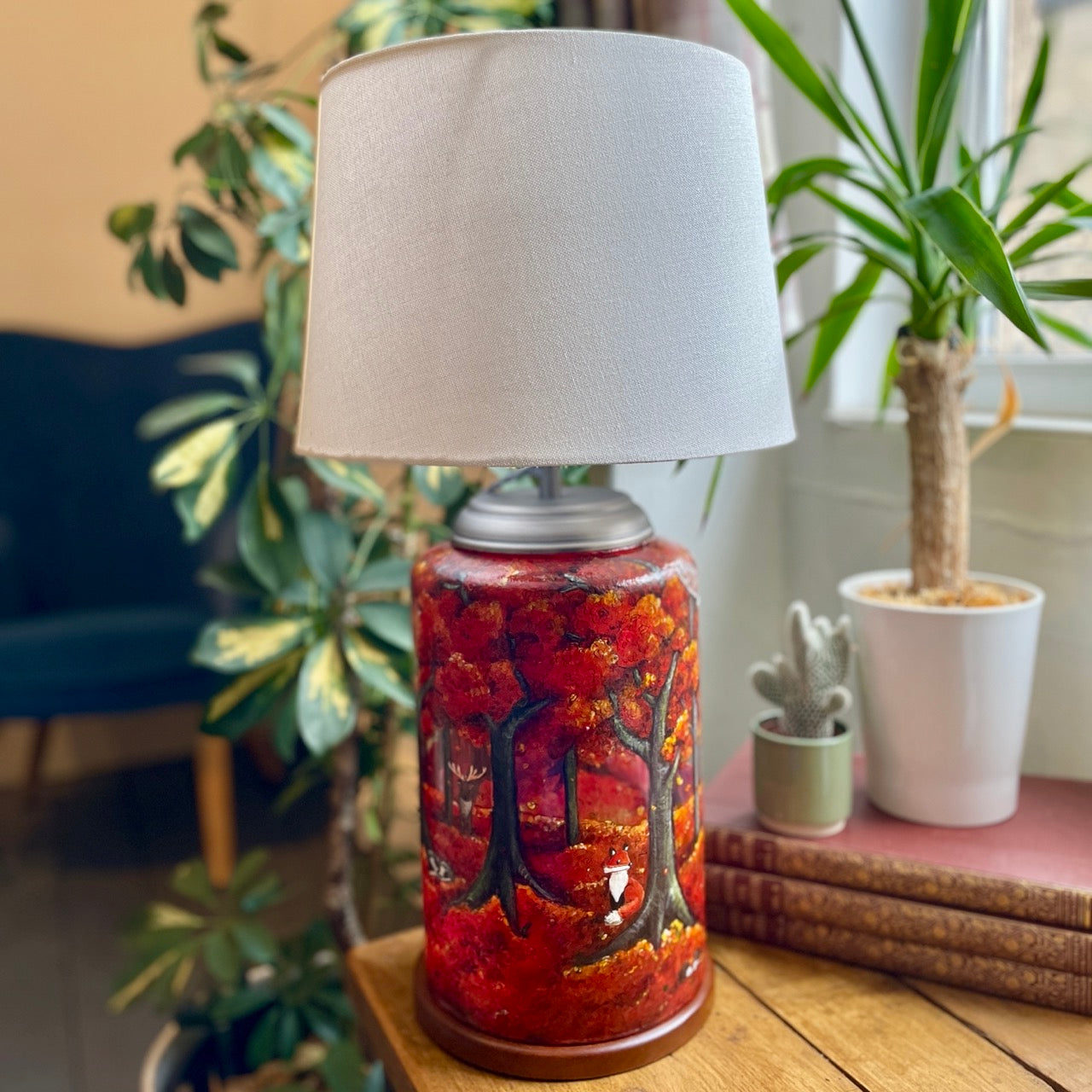 Autumn Wood~One of a kind hand painted glass table lamp