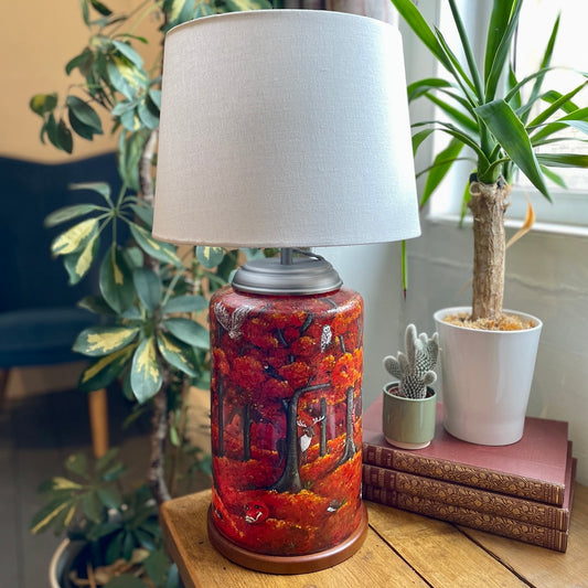 Autumn Wood~One of a kind hand painted glass table lamp