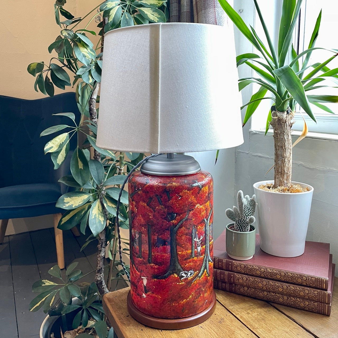 Autumn Wood~One of a kind hand painted glass table lamp