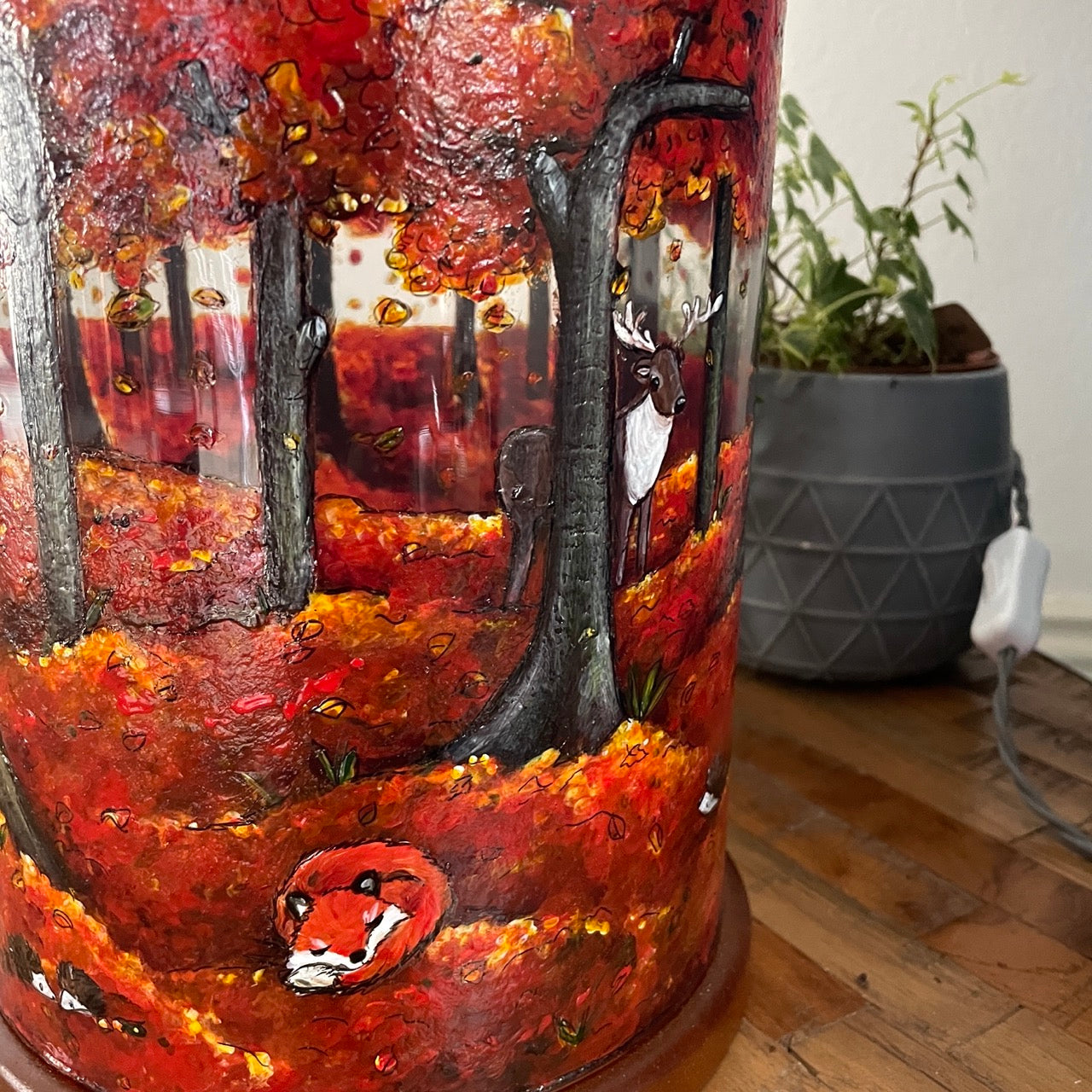 Autumn Wood~One of a kind hand painted glass table lamp