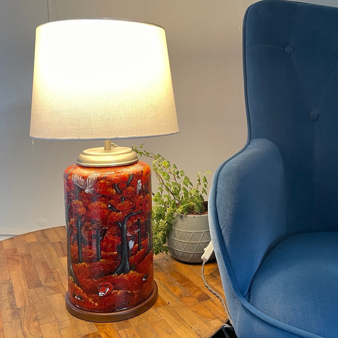 Autumn Wood~One of a kind hand painted glass table lamp