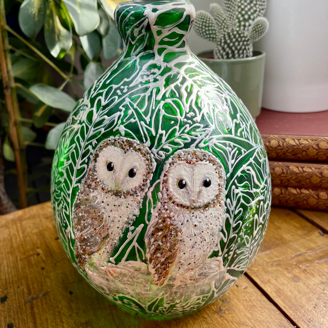 Barn Owls in Green~ One of a kind hand painted glass table lamp