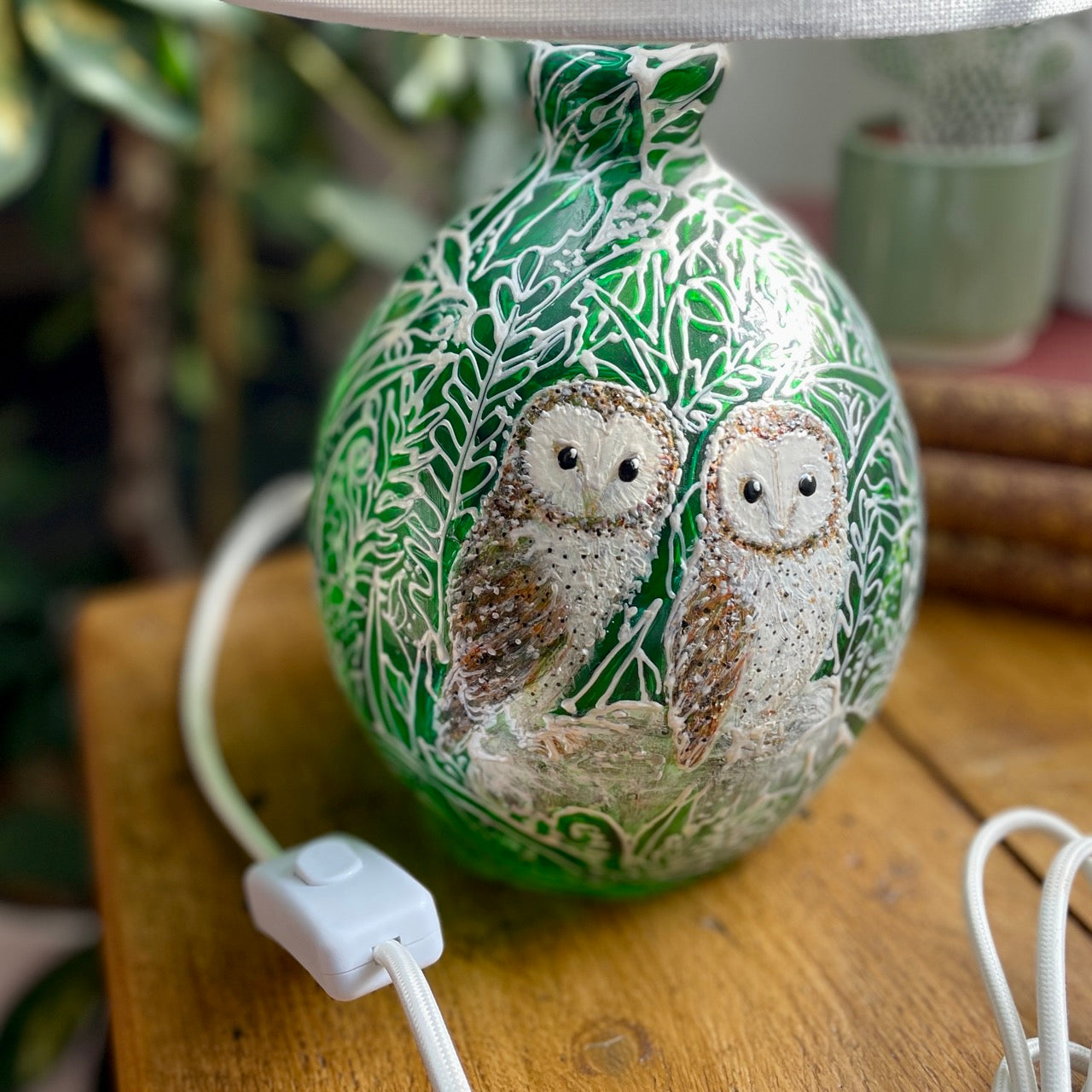 Barn Owls in Green~ One of a kind hand painted glass table lamp