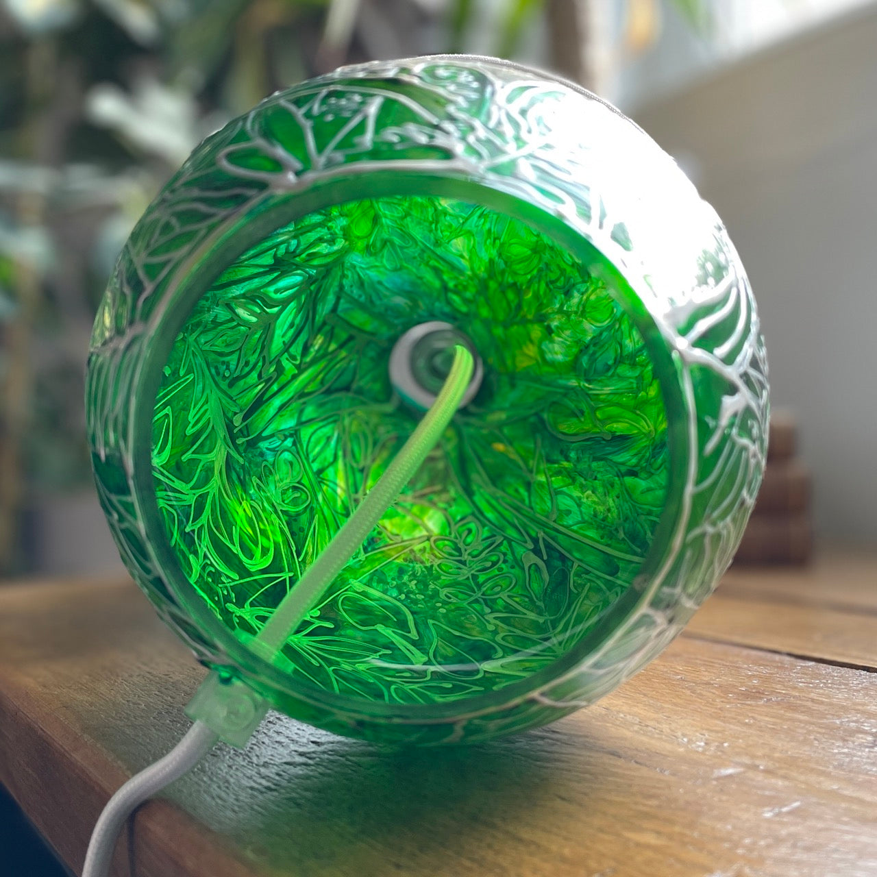 Barn Owls in Green~ One of a kind hand painted glass table lamp