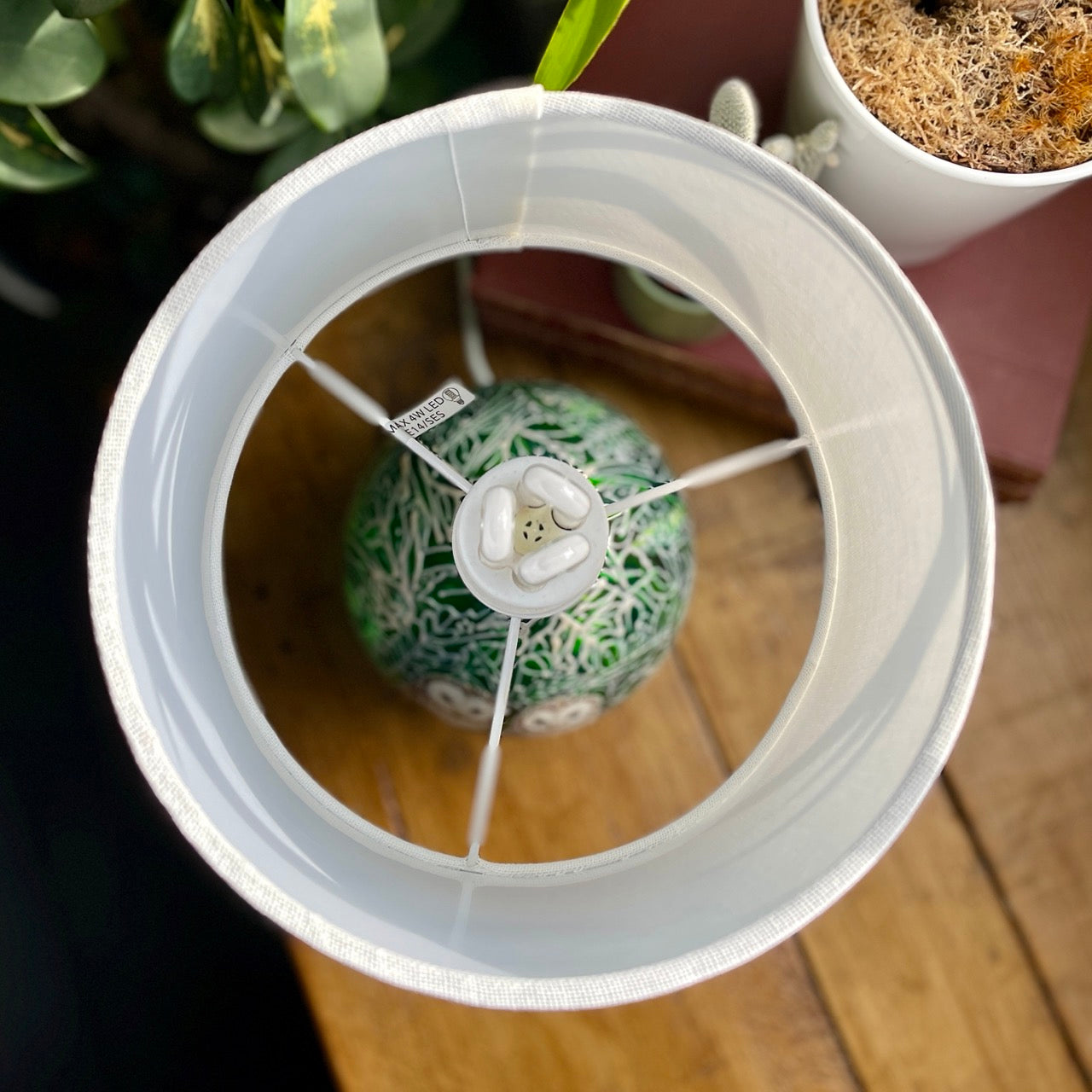 Barn Owls in Green~ One of a kind hand painted glass table lamp