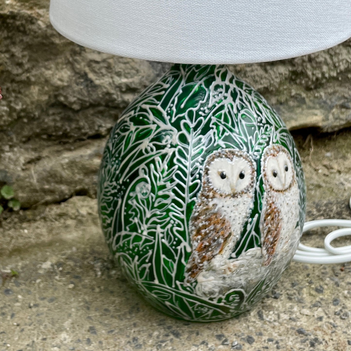 Barn Owls in Green~ One of a kind hand painted glass table lamp