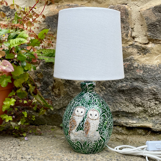 Barn Owls in Green~ One of a kind hand painted glass table lamp