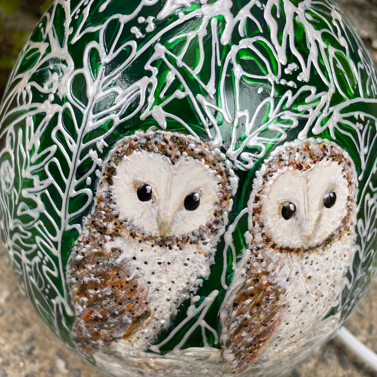 Barn Owls in Green Glass Table Lamp | One of a Kind Hand-Painted
