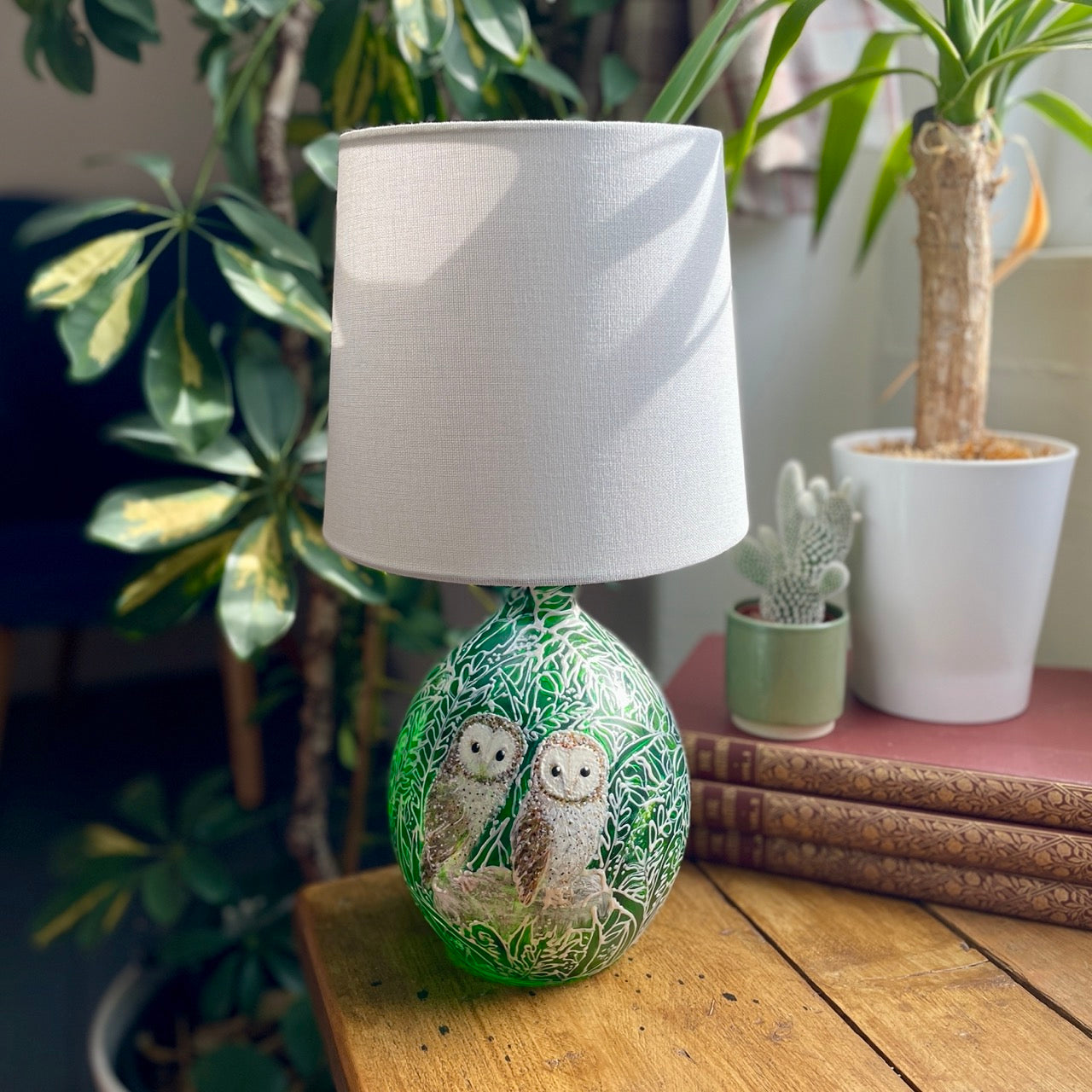 Barn Owls in Green~ One of a kind hand painted glass table lamp