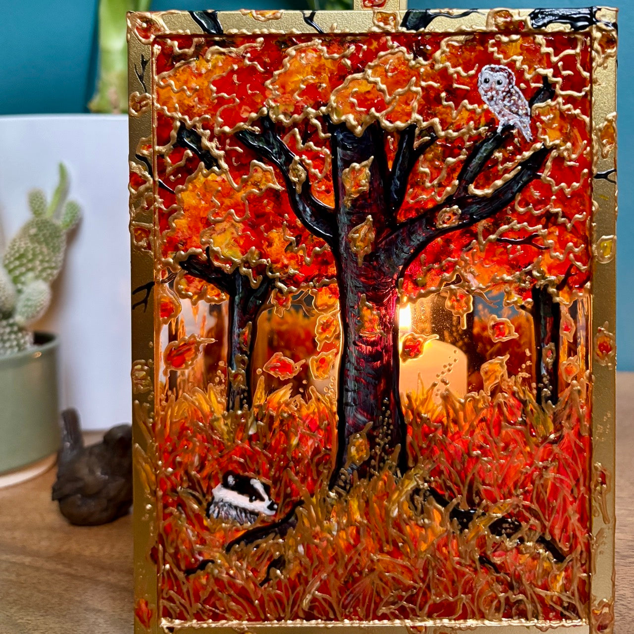 Autumn wood~ One of a kind golden lantern