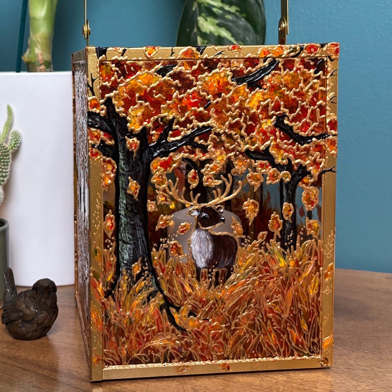 Autumn wood~ One of a kind golden lantern