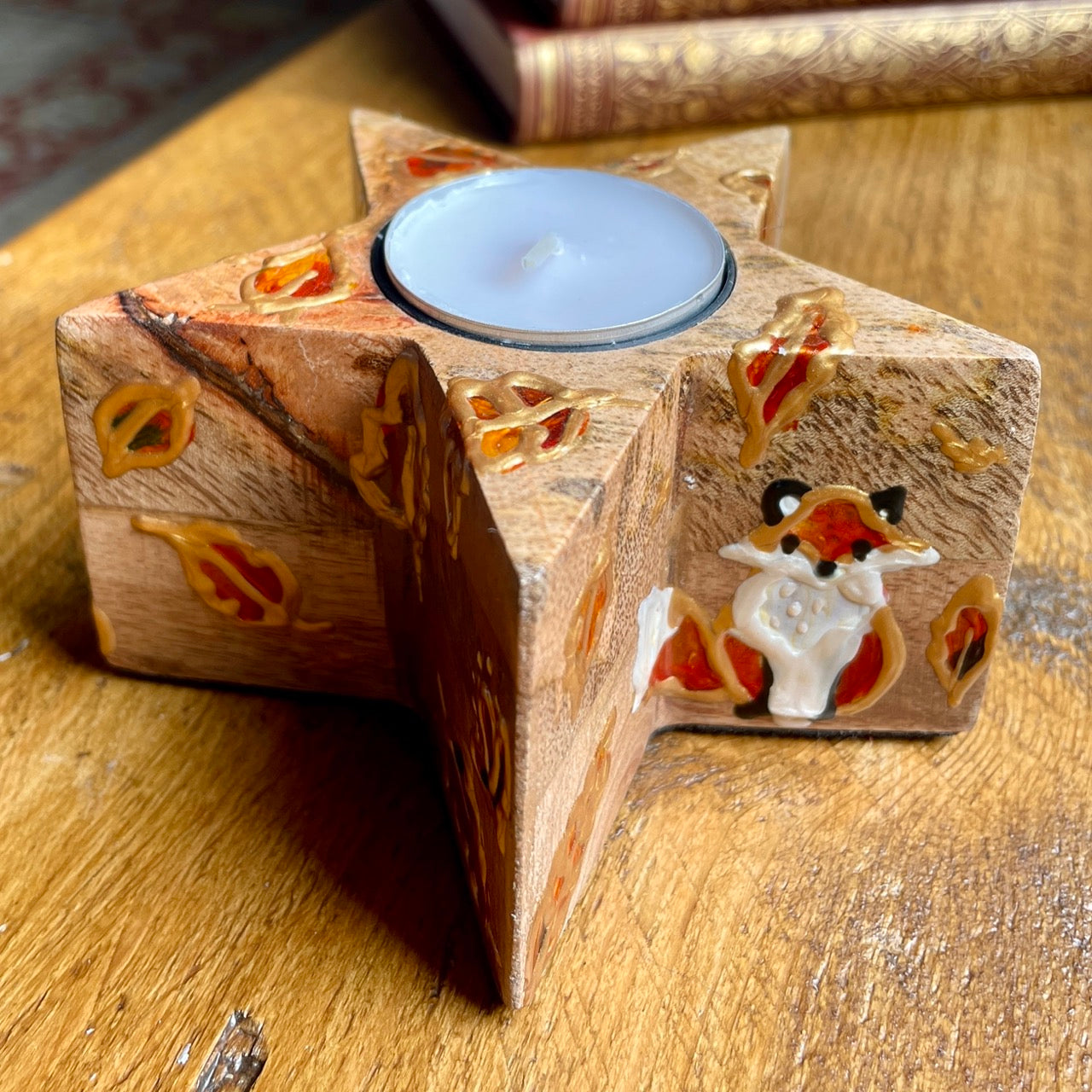Fox in autumn~ wooden star candleholder