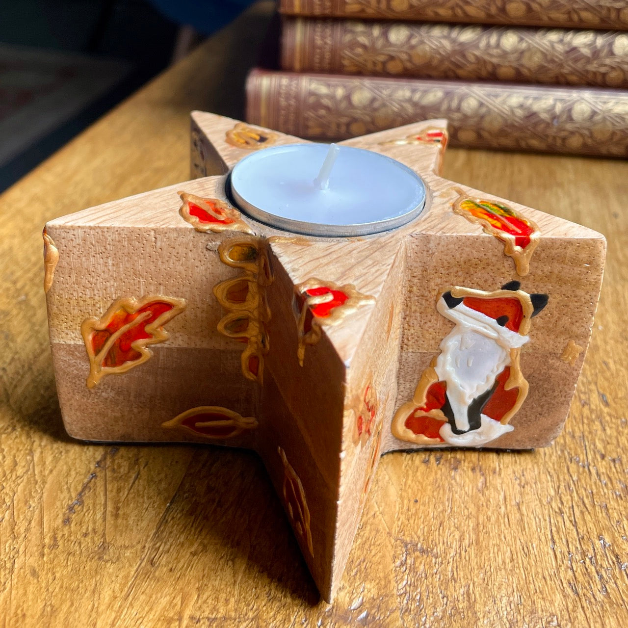 Fox in autumn~ wooden star candleholder