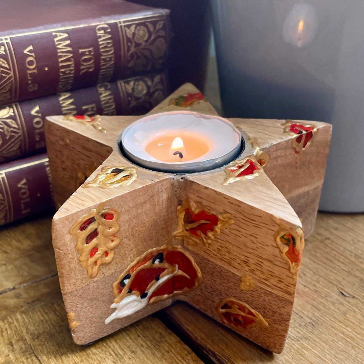 Fox in autumn~ wooden star candleholder