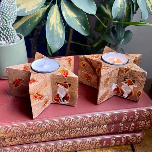 Fox in autumn~ wooden star candleholder