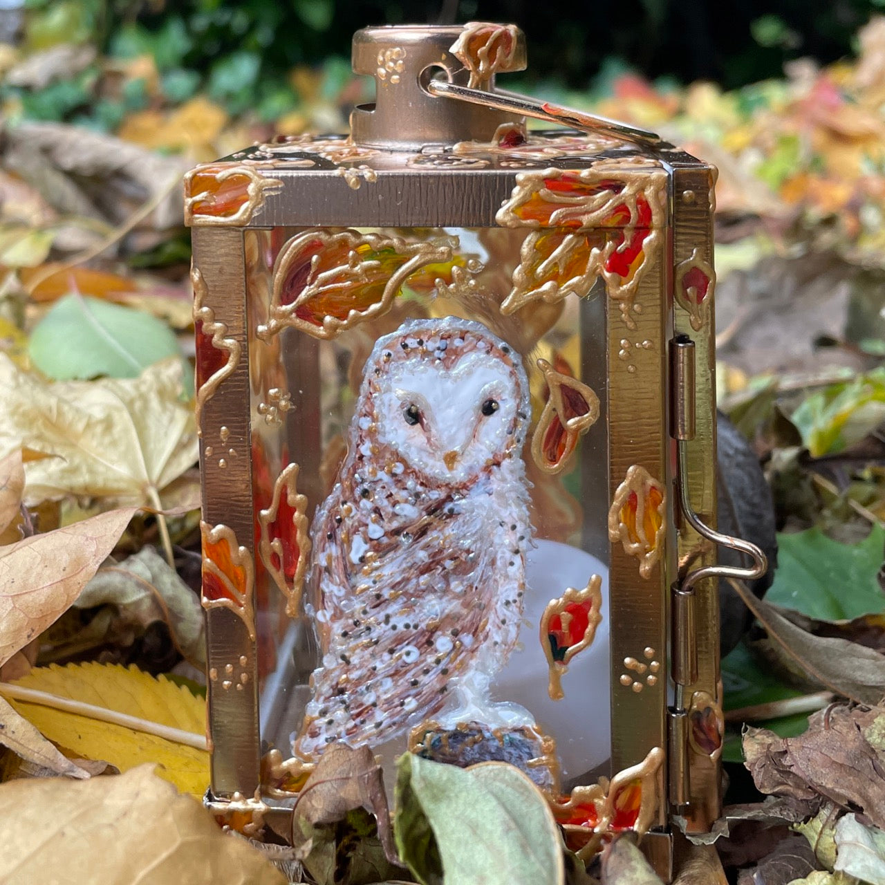 Owl in autumn~ One of a kind Lantern