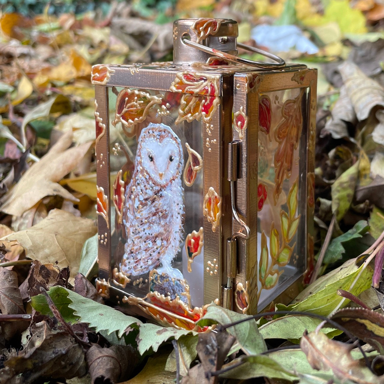 Owl in autumn~ One of a kind Lantern