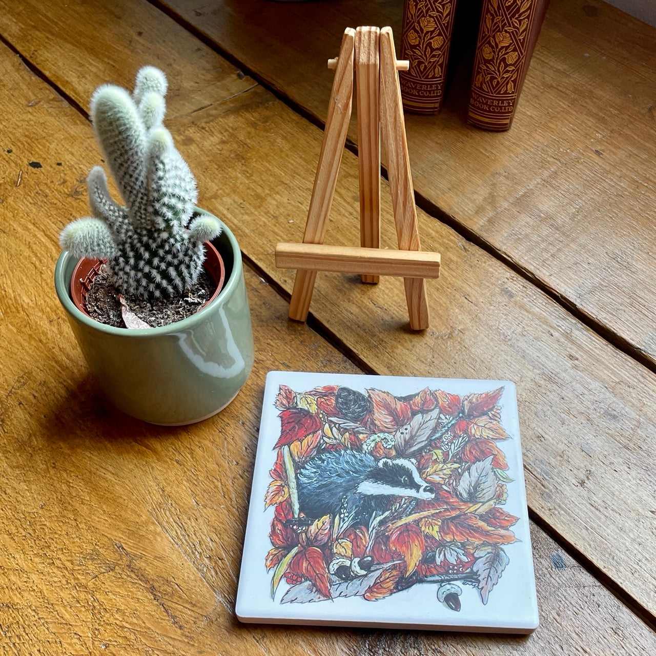 Badger in autumn~ Ceramic coaster & Easel