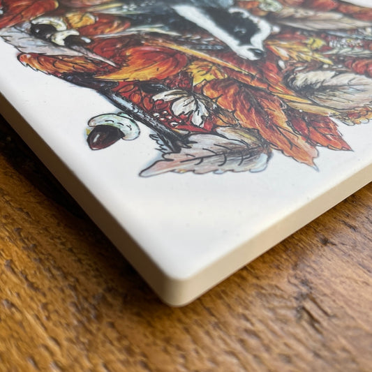 Badger in autumn~ Ceramic coaster