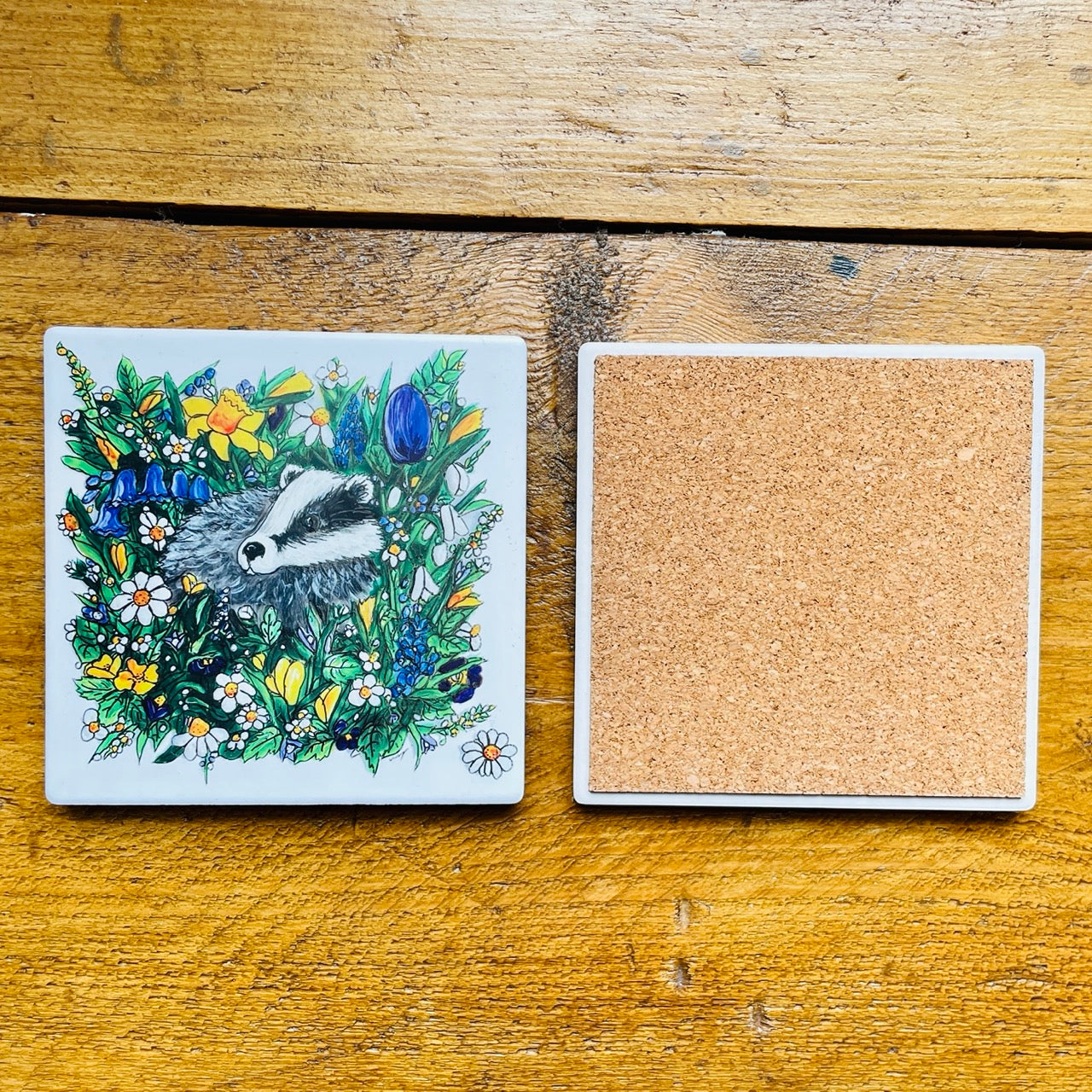 Badger in spring~ Ceramic coaster with Easel