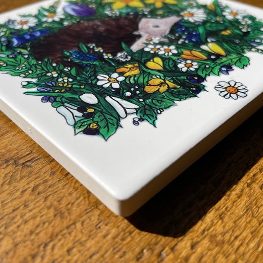 Hedgehog in spring~ Ceramic coaster