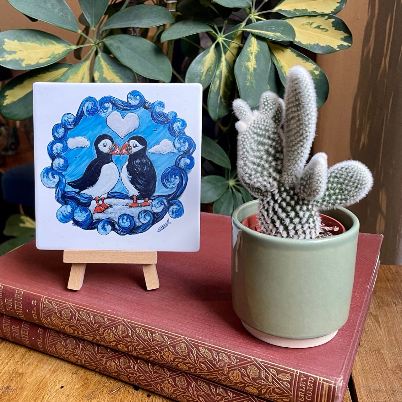 Puffin love~ Ceramic coaster & Easel