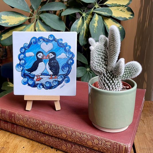Puffin love~ Ceramic coaster & Easel