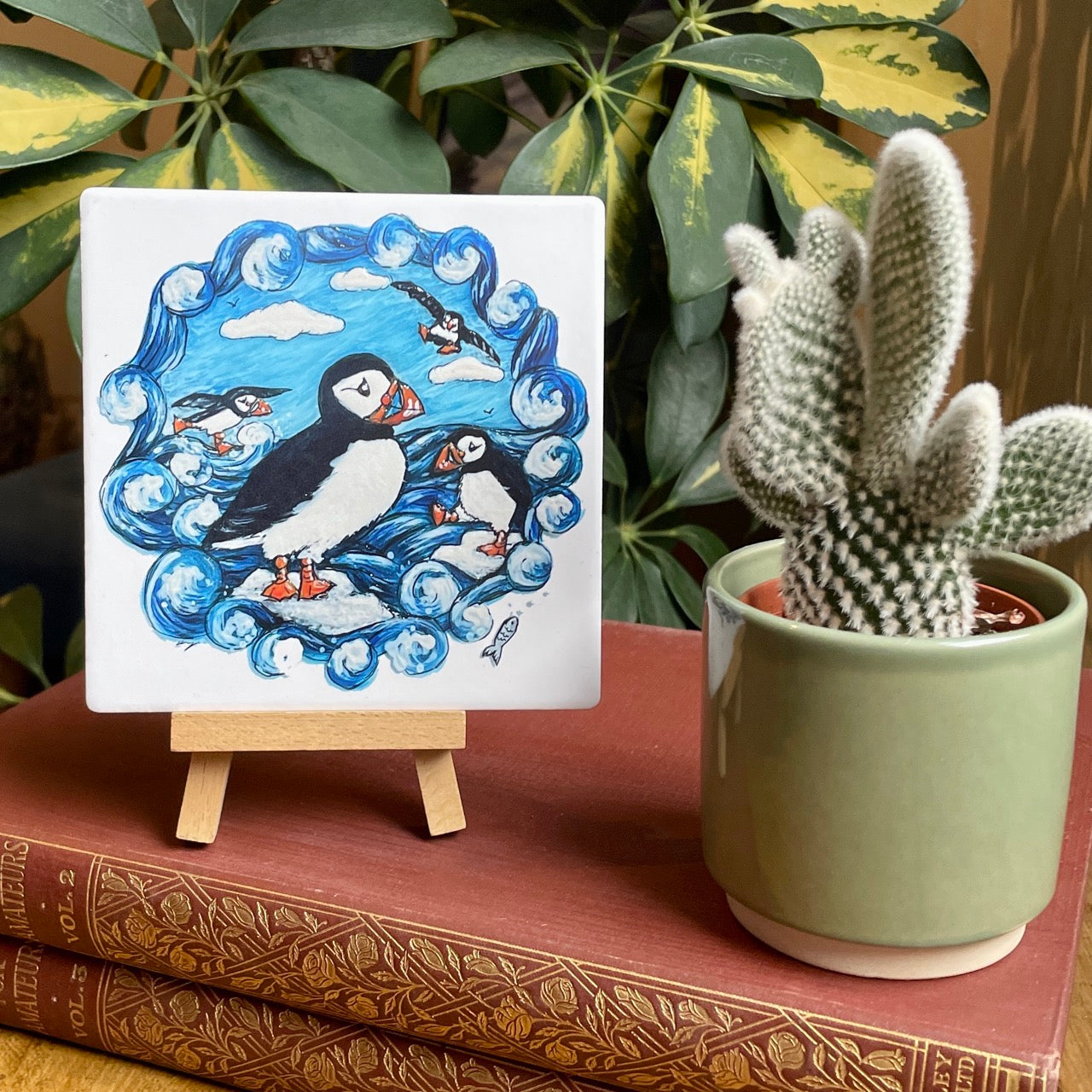 Puffin party~ Ceramic coaster & Easel